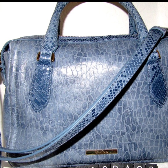 Brahmin Micaela Blue Snake Textured Genuine Leather Satchel - Picture 2 of 11